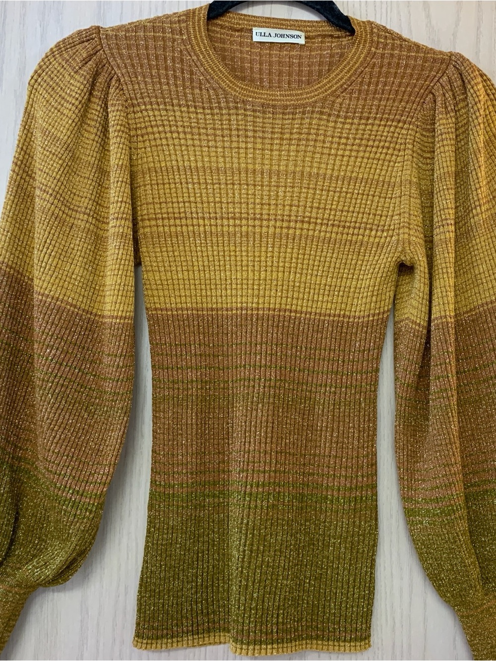 Ulla Johnson Gold Olive Ombre Ribbed Puff-Sleeve Crew Sweater